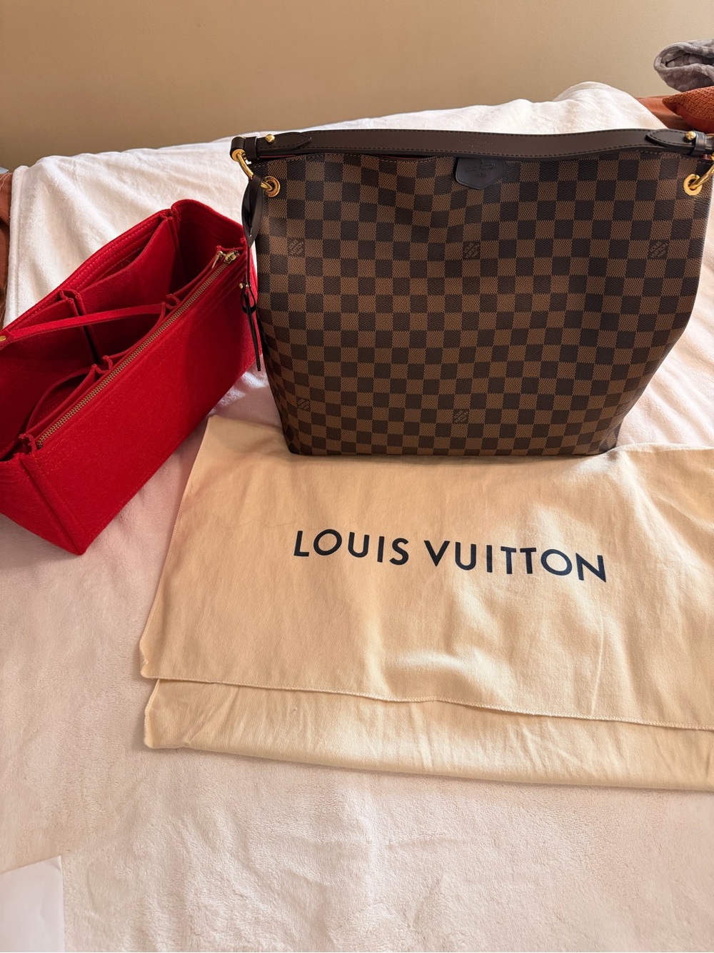 Louis Vuitton Damier Ebene Canvas Hobo with Red Insert